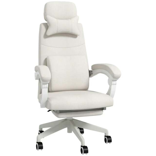 Rackhams Linen-Look Office Chair, with 160° Reclining Back and Footrest - White - image 1
