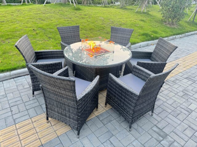 Rackhams 7-Piece PE Rattan Garden Furniture with Big Round Gas Fire Pit Table and 6 Chairs for Patio Dark Grey Mixed - image 1