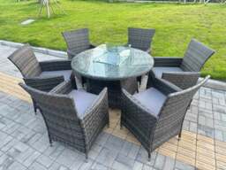 Rackhams 7-Piece PE Rattan Garden Furniture with Big Round Gas Fire Pit Table and 6 Chairs for Patio Dark Grey Mixed - thumbnail 2