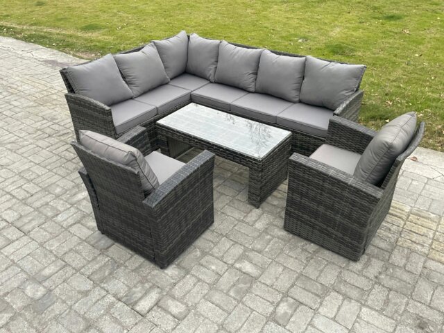 Rackhams 8 Seater Outdoor Rattan Garden Furniture Set Corner Sofa Oblong Coffee Table Sets with Patio 2 Armchairs Dark Grey Mixed - image 1