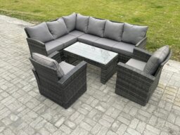 Rackhams 8 Seater Outdoor Rattan Garden Furniture Set Corner Sofa Oblong Coffee Table Sets with Patio 2 Armchairs Dark Grey Mixed - thumbnail 1