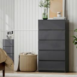 Rackhams Bedroom Chest of Drawers, Dresser - 5 - High Gloss Grey - 55 x 34 x 100cm - thumbnail 1