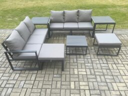 Rackhams Aluminium 8 Seater Outdoor Garden Furniture Lounge Sofa Set with Square Coffee Table 2 Side Tables 2 Big Footstools Dark Grey