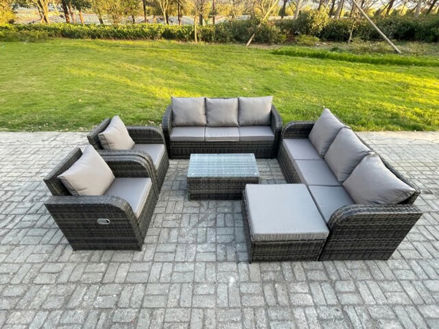 Rackhams Rattan Outdoor Garden Furniture Sofa Set Patio Table & Chairs Set with 3 Seater Sofa Reclining Chair Big Footstool Dark Grey Mixed - image 1