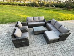 Rackhams Rattan Outdoor Garden Furniture Sofa Set Patio Table & Chairs Set with 3 Seater Sofa Reclining Chair Big Footstool Dark Grey Mixed - thumbnail 2