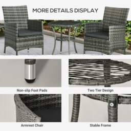 Rackhams Rattan Bistro Set Garden Chair Table Patio Outdoor, Mixed Grey - Mixed-grey - Steel, PE Rattan, Polyester - 60cmx58.5cmx89.5cm - thumbnail 4