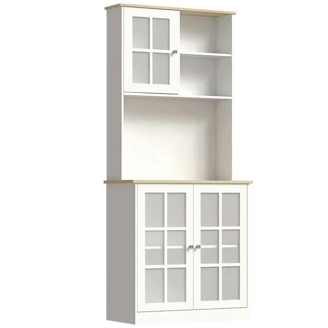 Rackhams Freestanding Kitchen Cupboard, Storage Cabinet with Doors and Adjustable Shelves, Counter Top, Grid Glass Doors, 80L x 37W x 183H cm - White - image 1