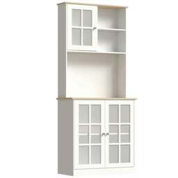 Rackhams Freestanding Kitchen Cupboard, Storage Cabinet with Doors and Adjustable Shelves, Counter Top, Grid Glass Doors, 80L x 37W x 183H cm - White - thumbnail 1