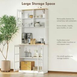 Rackhams Freestanding Kitchen Cupboard, Storage Cabinet with Doors and Adjustable Shelves, Counter Top, Grid Glass Doors, 80L x 37W x 183H cm - White - thumbnail 4