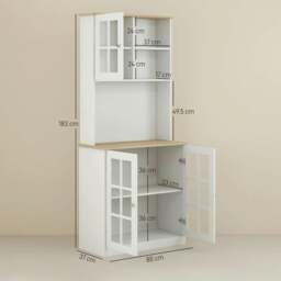 Rackhams Freestanding Kitchen Cupboard, Storage Cabinet with Doors and Adjustable Shelves, Counter Top, Grid Glass Doors, 80L x 37W x 183H cm - White - thumbnail 3