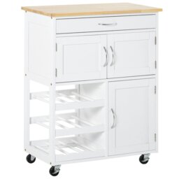 Rackhams Rolling Kitchen Island Trolley Storage Cart with Rubberwood Top Wine Rack - thumbnail 2