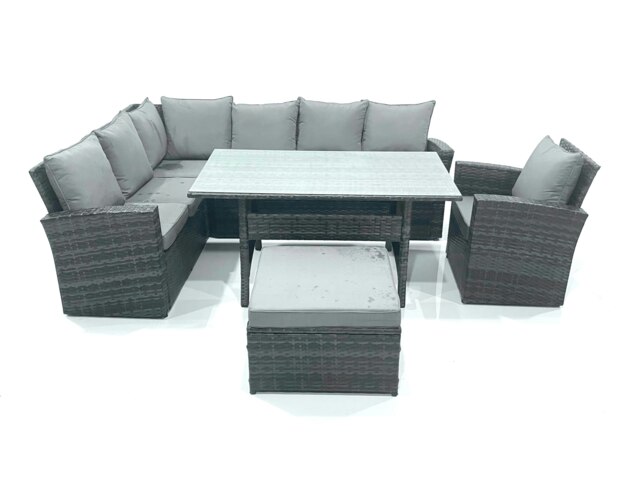 Rackhams 8 Seater Garden Rattan Furniture Corner Dining Set with Big Footstool Indoor Outdoor Lounge Sofa Set Dark Grey Mixed - image 1