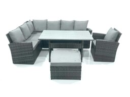 Rackhams 8 Seater Garden Rattan Furniture Corner Dining Set with Big Footstool Indoor Outdoor Lounge Sofa Set Dark Grey Mixed - thumbnail 1