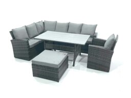 Rackhams 8 Seater Garden Rattan Furniture Corner Dining Set with Big Footstool Indoor Outdoor Lounge Sofa Set Dark Grey Mixed - thumbnail 2