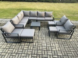Rackhams 12 Seater Outdoor Lounge Corner Sofa Set Aluminium Garden Furniture Sets with Square Coffee Table 3 Chairs 3 Footstools Dark Grey - thumbnail 2
