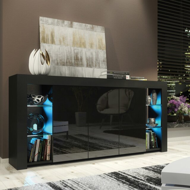 Rackhams Exclusive 164cm Sideboard TV Unit Black Display Cabinet TV Stand Living Room with FREE LED - 164 cm - 1 - Black - image 1