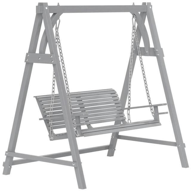 Rackhams 2 Seater Garden Swing Seat, Wooden Swing Chair Bench with Cup Holders for Outdoor Porch Patio, Grey