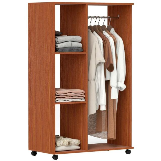 Rackhams Open Wardrobe on Wheels, Bedroom Wardrobe with Clothes Hanging Rail, 3 Storage Shelves, Mobile Garment Rack for Cloakroom, Hallway, Walnut - image 1
