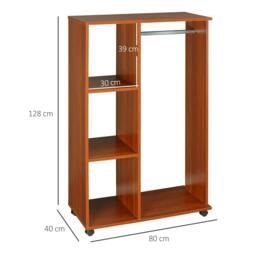 Rackhams Open Wardrobe on Wheels, Bedroom Wardrobe with Clothes Hanging Rail, 3 Storage Shelves, Mobile Garment Rack for Cloakroom, Hallway, Walnut - thumbnail 3