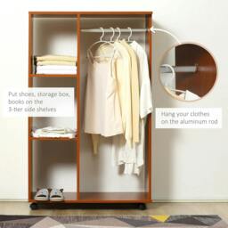 Rackhams Open Wardrobe on Wheels, Bedroom Wardrobe with Clothes Hanging Rail, 3 Storage Shelves, Mobile Garment Rack for Cloakroom, Hallway, Walnut - thumbnail 4