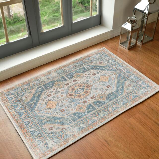Rackhams Lillian-Washable Blue Brown Traditional Vintage Boho Rug - 66 x 115 cm - image 1