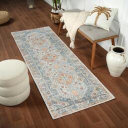 Rackhams Lillian-Washable Blue Brown Traditional Vintage Boho Rug - 66 x 115 cm - thumbnail 6