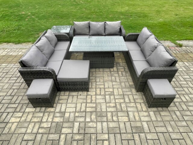 Rackhams Garden Dining Sets Outdoor Rattan Furniture Lounge Sofa Height Adjustable Rising lifting Table With Side Table 3 Footstools Dark Grey Mixed - image 1