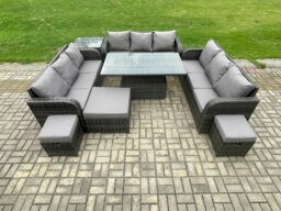Rackhams Garden Dining Sets Outdoor Rattan Furniture Lounge Sofa Height Adjustable Rising lifting Table With Side Table 3 Footstools Dark Grey Mixed