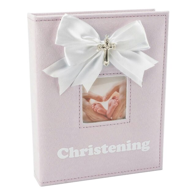 Rackhams White Faux-Silk Bow and Silver Plated Cross Christening Photo Album in Pink - image 1