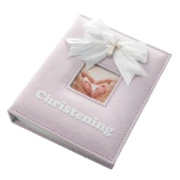 Rackhams White Faux-Silk Bow and Silver Plated Cross Christening Photo Album in Pink - thumbnail 2