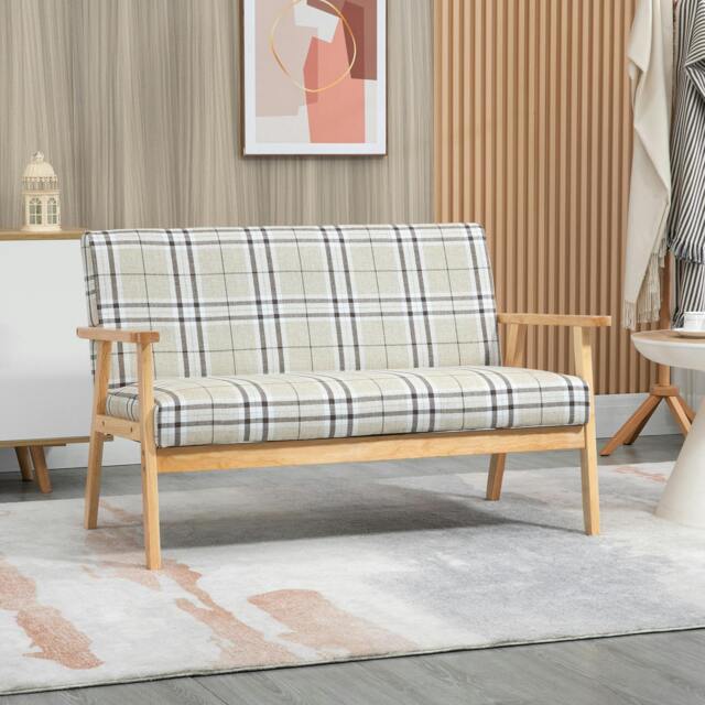 Rackhams Two Seater Sofa w/ Rubber Wood Frame Linen Small Couch Beige - image 1