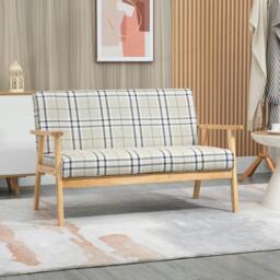 Rackhams Two Seater Sofa w/ Rubber Wood Frame Linen Small Couch Beige - thumbnail 1