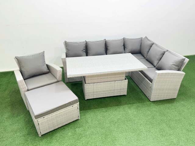 Rackhams 8 Seat Rattan Garden Furniture Corner Sofa Set Outdoor Adjustable Lifting Dining or Coffee Table Set with Footstool Light Grey - image 1