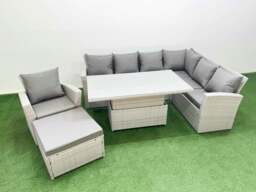 Rackhams 8 Seat Rattan Garden Furniture Corner Sofa Set Outdoor Adjustable Lifting Dining or Coffee Table Set with Footstool Light Grey