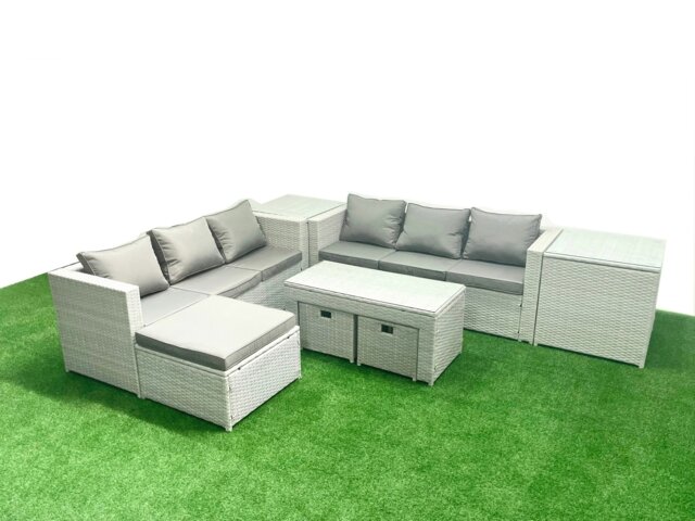 Rackhams 9 Seater Garden Outdoor Rattan Furniture Set Rattan Garden Sofa Oblong Coffee Table with 3 Footstools 2 Side Tables Light Grey Mixed - image 1