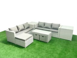 Rackhams 9 Seater Garden Outdoor Rattan Furniture Set Rattan Garden Sofa Oblong Coffee Table with 3 Footstools 2 Side Tables Light Grey Mixed - thumbnail 1