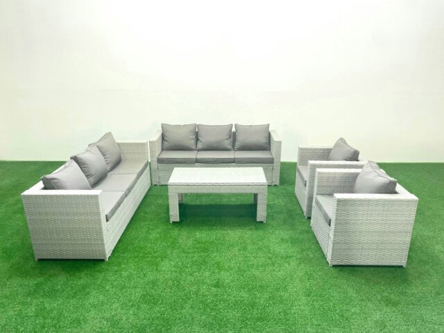 Rackhams Outdoor Garden Furniture Rattan Sofa Set with 2 Armchairs Oblong Coffee Table Light Grey Mixed - image 1