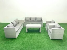 Rackhams Outdoor Garden Furniture Rattan Sofa Set with 2 Armchairs Oblong Coffee Table Light Grey Mixed - thumbnail 2