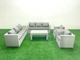 Rackhams Outdoor Garden Furniture Rattan Sofa Set with 2 Armchairs Oblong Coffee Table Light Grey Mixed - thumbnail 1