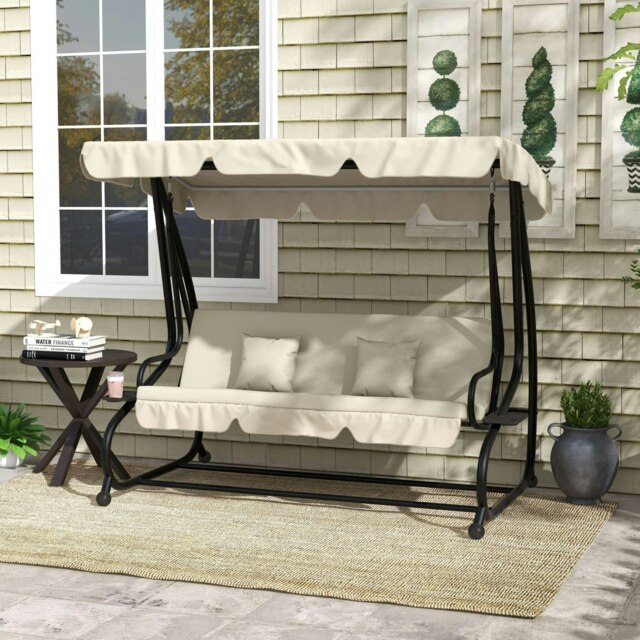 Rackhams 2-in-1 Garden Swing Chair for 3 Person w/ Adjustable Canopy, Cream - Cream - 1 - Swing Bench - image 1