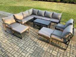 Rackhams 13 Seater Aluminium Outdoor Garden Furniture Set Patio Lounge Sofa with Oblong Coffee Table Chair 2 Small Footstools 2 Big Footstools Dark Grey - thumbnail 1