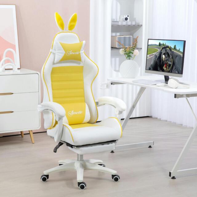 Rackhams Racing Style Gaming Chair with Footrest Removable Rabbit Ears, Yellow - Yellow - image 1