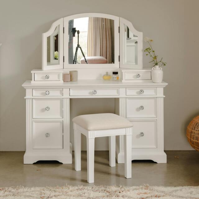 Rackhams Gainsborough Pedestal Dressing Table Set with Crystal Handles. Large White Dressing Table Set - Large - White - image 1