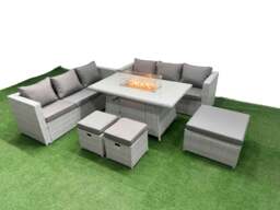 Rackhams 9 Seat PE Rattan Lounge Sofa Set Outdoor Garden Furniture Set with Fire Pit Dining Table 3 Seater Sofa 3 Stools Light Grey - thumbnail 1