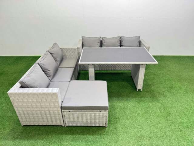 Rackhams Rattan Garden Furniture Dining Set 7 seater Patio Rectangular Table Sofa Set with Big Stool Light Grey - image 1
