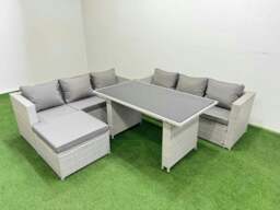 Rackhams Rattan Garden Furniture Dining Set 7 seater Patio Rectangular Table Sofa Set with Big Stool Light Grey - thumbnail 2