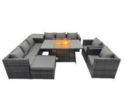 Rackhams 9 Seater Garden Outdoor Rattan Furniture Set Patio Corner Sofa Gas Fire Pit Dining Table with Side Table Big Stool Dark Grey - thumbnail 1