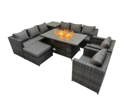 Rackhams 9 Seater Garden Outdoor Rattan Furniture Set Patio Corner Sofa Gas Fire Pit Dining Table with Side Table Big Stool Dark Grey - thumbnail 2
