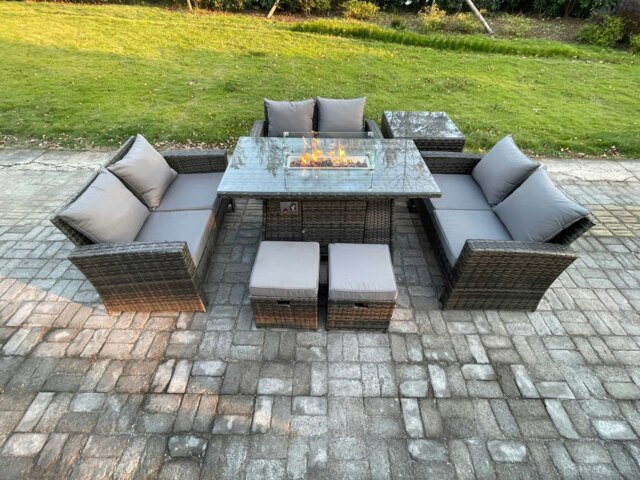 Rackhams High Back Rattan Garden Furniture Sofa Sets with Outdoor Furniture Gas Fire Pit Dining Table Set Side Table 2 Small Footstools Dark Grey Mixed - image 1