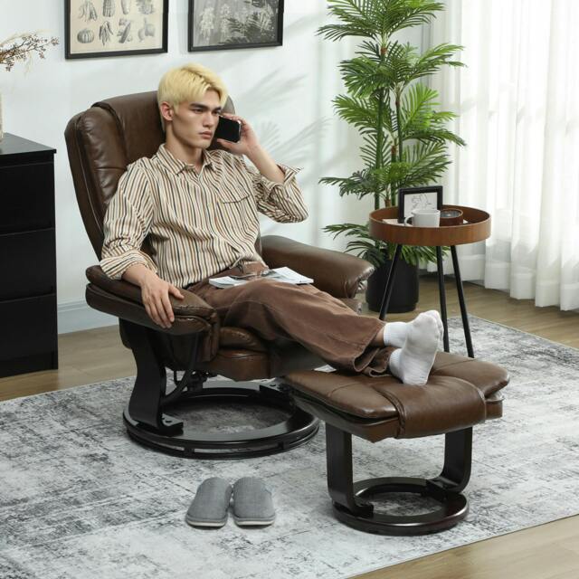 Rackhams Swivel Manual Recliner and Footrest Set PU Leather Chair Brown - Wooden base - Dark Brown - PU leather - image 1